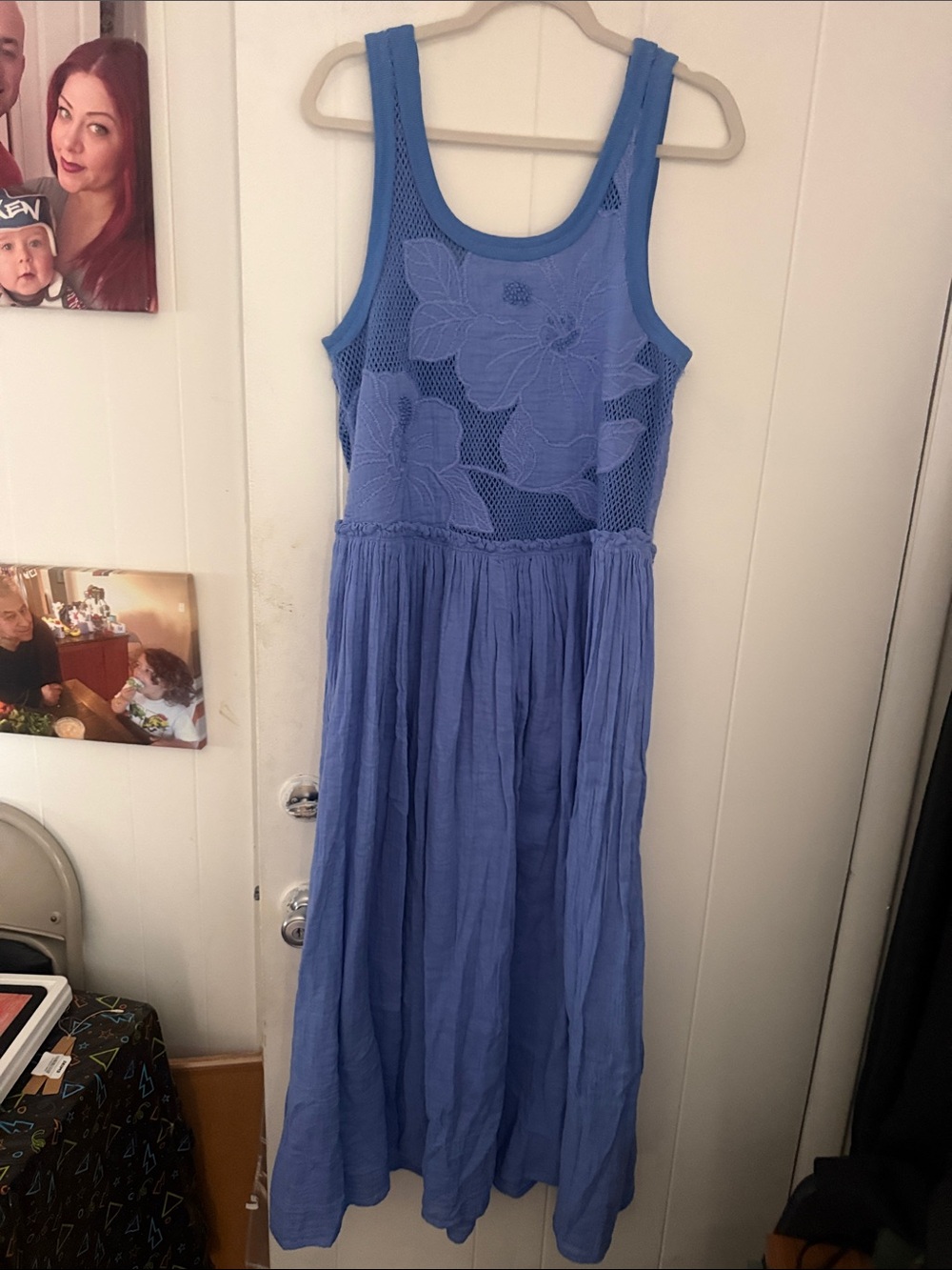 Free people festival cover up resort wear Blue Floral Crochet Maxi Dress